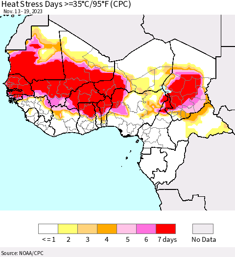 Western Africa Heat Stress Days >=35°C/95°F (CPC) Thematic Map For 11/13/2023 - 11/19/2023