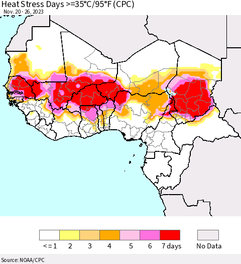 Western Africa Heat Stress Days >=35°C/95°F (CPC) Thematic Map For 11/20/2023 - 11/26/2023