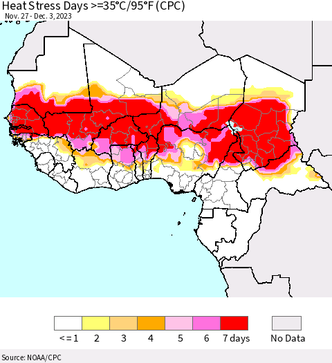 Western Africa Heat Stress Days >=35°C/95°F (CPC) Thematic Map For 11/27/2023 - 12/3/2023