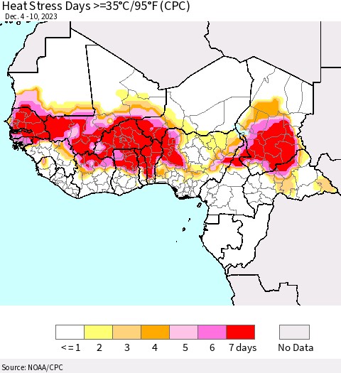 Western Africa Heat Stress Days >=35°C/95°F (CPC) Thematic Map For 12/4/2023 - 12/10/2023