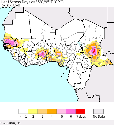 Western Africa Heat Stress Days >=35°C/95°F (CPC) Thematic Map For 12/11/2023 - 12/17/2023