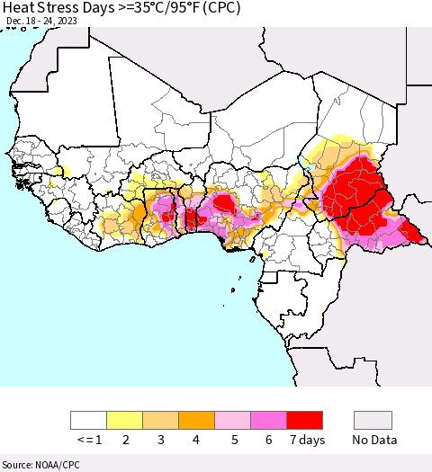 Western Africa Heat Stress Days >=35°C/95°F (CPC) Thematic Map For 12/18/2023 - 12/24/2023