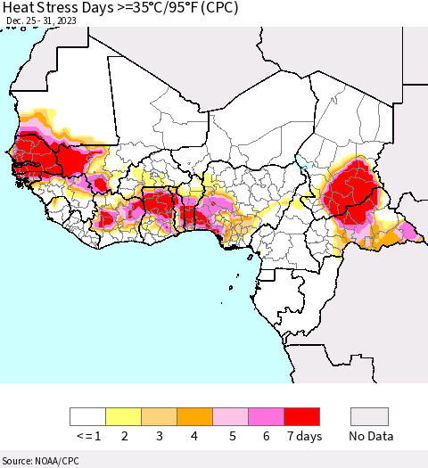 Western Africa Heat Stress Days >=35°C/95°F (CPC) Thematic Map For 12/25/2023 - 12/31/2023