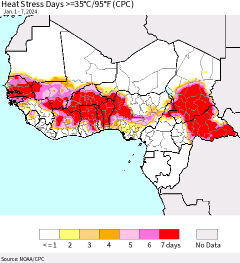 Western Africa Heat Stress Days >=35°C/95°F (CPC) Thematic Map For 1/1/2024 - 1/7/2024