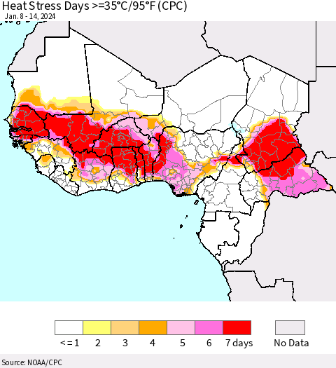 Western Africa Heat Stress Days >=35°C/95°F (CPC) Thematic Map For 1/8/2024 - 1/14/2024