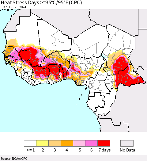 Western Africa Heat Stress Days >=35°C/95°F (CPC) Thematic Map For 1/15/2024 - 1/21/2024