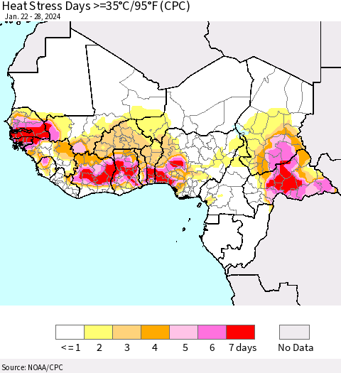 Western Africa Heat Stress Days >=35°C/95°F (CPC) Thematic Map For 1/22/2024 - 1/28/2024