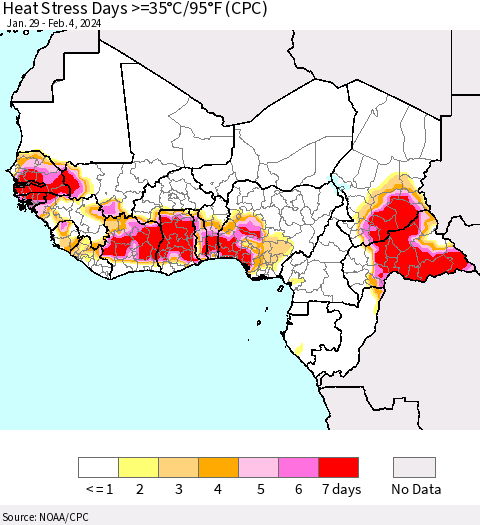 Western Africa Heat Stress Days >=35°C/95°F (CPC) Thematic Map For 1/29/2024 - 2/4/2024
