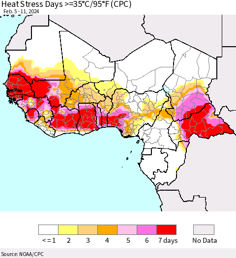 Western Africa Heat Stress Days >=35°C/95°F (CPC) Thematic Map For 2/5/2024 - 2/11/2024