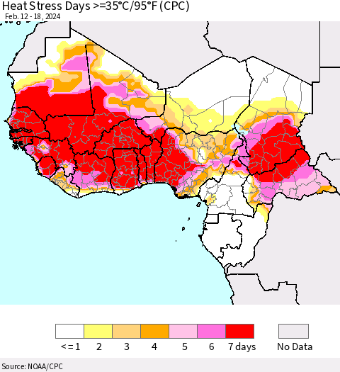 Western Africa Heat Stress Days >=35°C/95°F (CPC) Thematic Map For 2/12/2024 - 2/18/2024