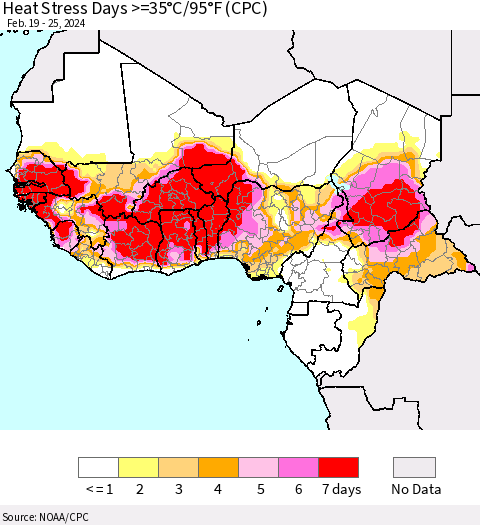 Western Africa Heat Stress Days >=35°C/95°F (CPC) Thematic Map For 2/19/2024 - 2/25/2024