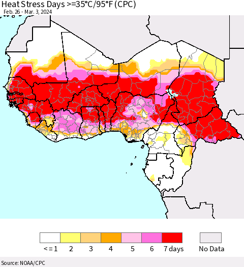 Western Africa Heat Stress Days >=35°C/95°F (CPC) Thematic Map For 2/26/2024 - 3/3/2024