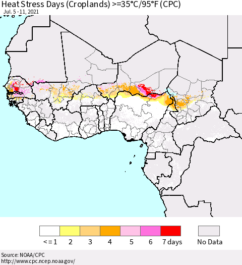 Western Africa Heat Stress Days (Croplands) >=35°C/95°F (CPC) Thematic Map For 7/5/2021 - 7/11/2021