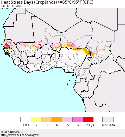 Western Africa Heat Stress Days (Croplands) >=35°C/95°F (CPC) Thematic Map For 7/12/2021 - 7/18/2021