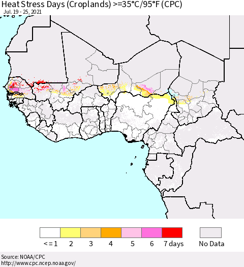 Western Africa Heat Stress Days (Croplands) >=35°C/95°F (CPC) Thematic Map For 7/19/2021 - 7/25/2021