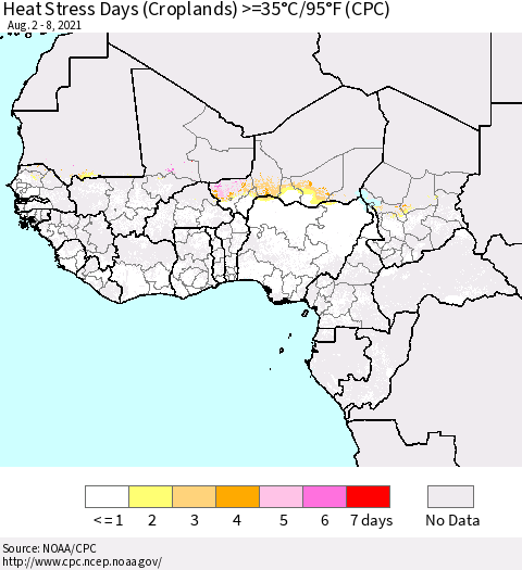 Western Africa Heat Stress Days (Croplands) >=35°C/95°F (CPC) Thematic Map For 8/2/2021 - 8/8/2021