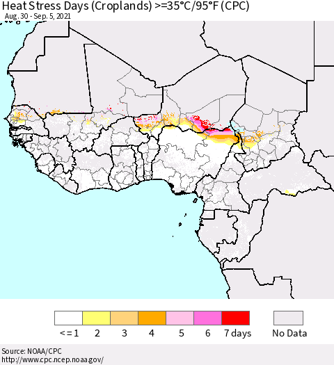 Western Africa Heat Stress Days (Croplands) >=35°C/95°F (CPC) Thematic Map For 8/30/2021 - 9/5/2021