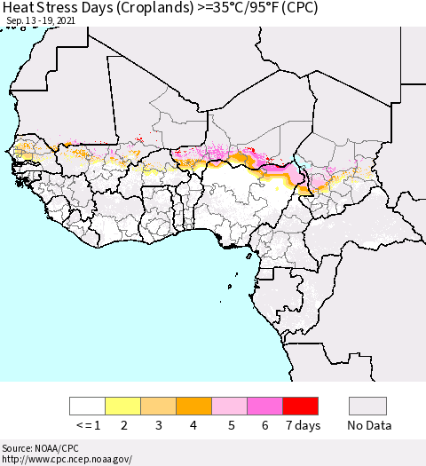Western Africa Heat Stress Days (Croplands) >=35°C/95°F (CPC) Thematic Map For 9/13/2021 - 9/19/2021
