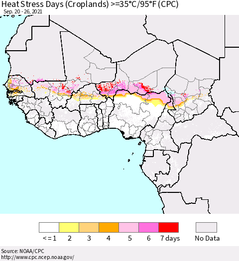 Western Africa Heat Stress Days (Croplands) >=35°C/95°F (CPC) Thematic Map For 9/20/2021 - 9/26/2021