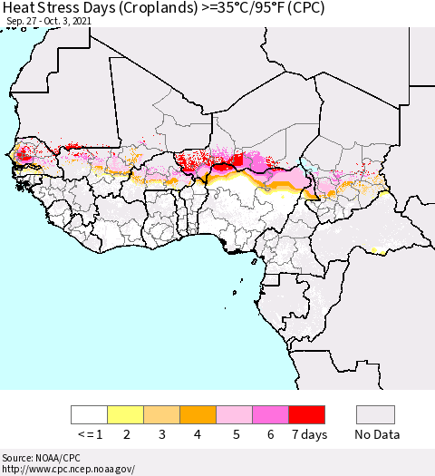 Western Africa Heat Stress Days (Croplands) >=35°C/95°F (CPC) Thematic Map For 9/27/2021 - 10/3/2021