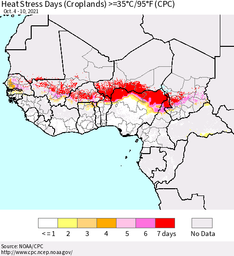 Western Africa Heat Stress Days (Croplands) >=35°C/95°F (CPC) Thematic Map For 10/4/2021 - 10/10/2021