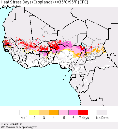 Western Africa Heat Stress Days (Croplands) >=35°C/95°F (CPC) Thematic Map For 10/11/2021 - 10/17/2021