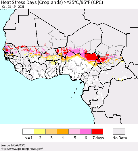 Western Africa Heat Stress Days (Croplands) >=35°C/95°F (CPC) Thematic Map For 10/18/2021 - 10/24/2021