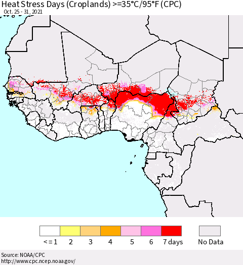 Western Africa Heat Stress Days (Croplands) >=35°C/95°F (CPC) Thematic Map For 10/25/2021 - 10/31/2021