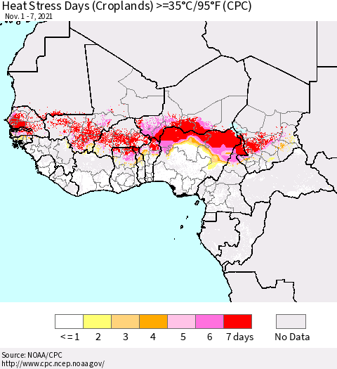 Western Africa Heat Stress Days (Croplands) >=35°C/95°F (CPC) Thematic Map For 11/1/2021 - 11/7/2021