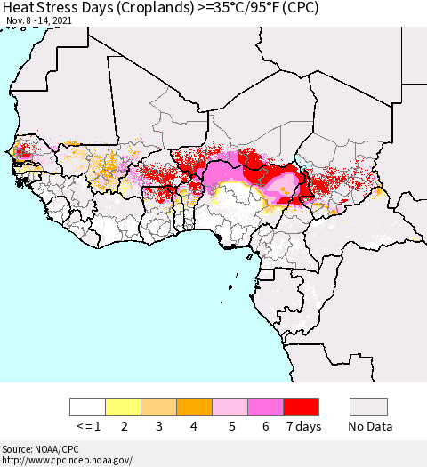 Western Africa Heat Stress Days (Croplands) >=35°C/95°F (CPC) Thematic Map For 11/8/2021 - 11/14/2021