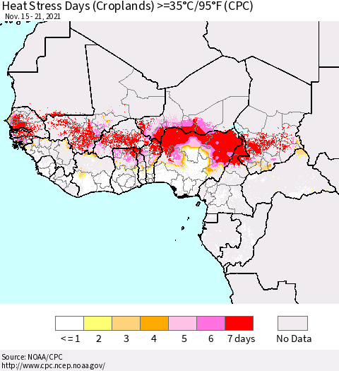 Western Africa Heat Stress Days (Croplands) >=35°C/95°F (CPC) Thematic Map For 11/15/2021 - 11/21/2021