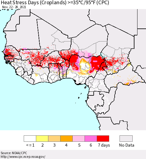 Western Africa Heat Stress Days (Croplands) >=35°C/95°F (CPC) Thematic Map For 11/22/2021 - 11/28/2021
