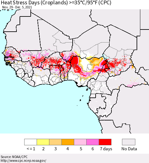Western Africa Heat Stress Days (Croplands) >=35°C/95°F (CPC) Thematic Map For 11/29/2021 - 12/5/2021