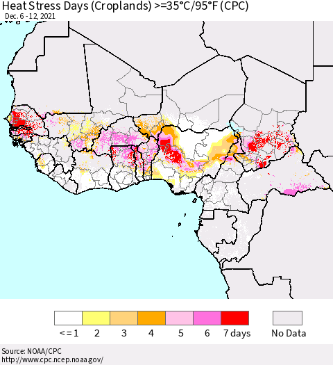 Western Africa Heat Stress Days (Croplands) >=35°C/95°F (CPC) Thematic Map For 12/6/2021 - 12/12/2021