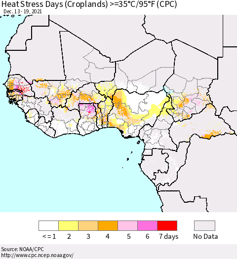Western Africa Heat Stress Days (Croplands) >=35°C/95°F (CPC) Thematic Map For 12/13/2021 - 12/19/2021