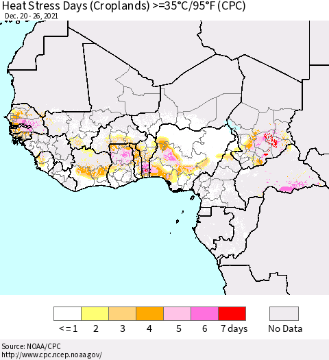 Western Africa Heat Stress Days (Croplands) >=35°C/95°F (CPC) Thematic Map For 12/20/2021 - 12/26/2021