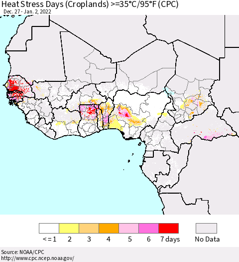 Western Africa Heat Stress Days (Croplands) >=35°C/95°F (CPC) Thematic Map For 12/27/2021 - 1/2/2022