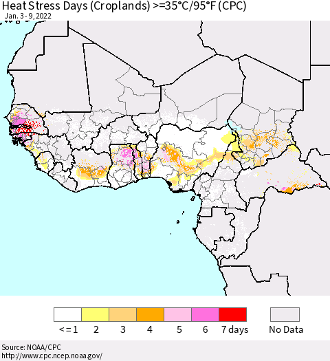 Western Africa Heat Stress Days (Croplands) >=35°C/95°F (CPC) Thematic Map For 1/3/2022 - 1/9/2022