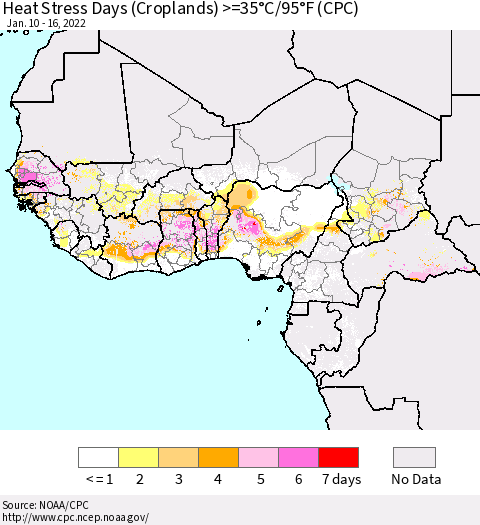 Western Africa Heat Stress Days (Croplands) >=35°C/95°F (CPC) Thematic Map For 1/10/2022 - 1/16/2022