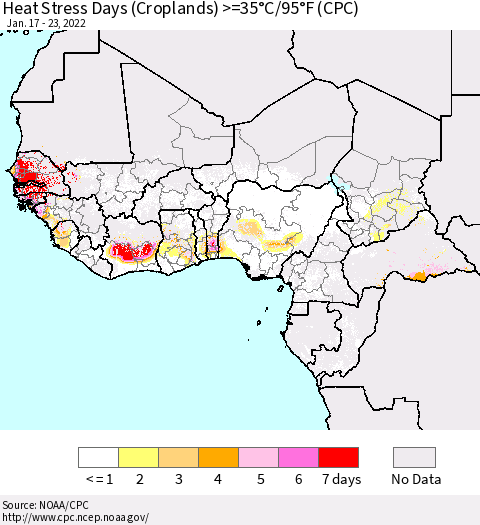 Western Africa Heat Stress Days (Croplands) >=35°C/95°F (CPC) Thematic Map For 1/17/2022 - 1/23/2022