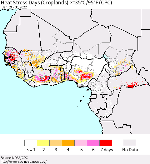 Western Africa Heat Stress Days (Croplands) >=35°C/95°F (CPC) Thematic Map For 1/24/2022 - 1/30/2022