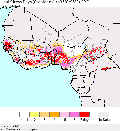 Western Africa Heat Stress Days (Croplands) >=35°C/95°F (CPC) Thematic Map For 2/7/2022 - 2/13/2022