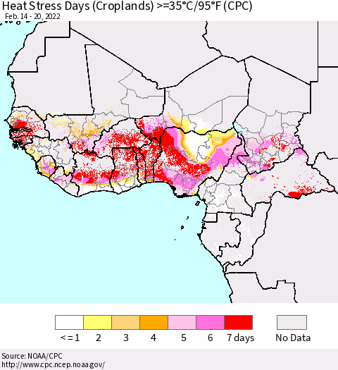 Western Africa Heat Stress Days (Croplands) >=35°C/95°F (CPC) Thematic Map For 2/14/2022 - 2/20/2022