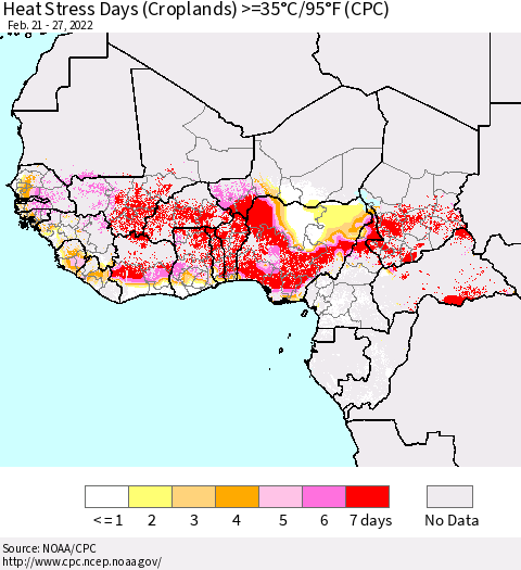 Western Africa Heat Stress Days (Croplands) >=35°C/95°F (CPC) Thematic Map For 2/21/2022 - 2/27/2022