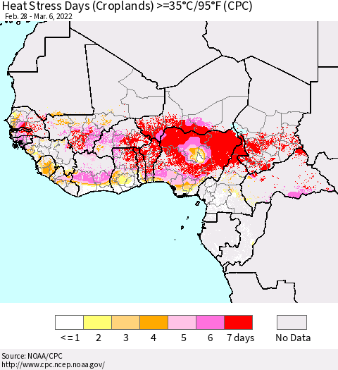 Western Africa Heat Stress Days (Croplands) >=35°C/95°F (CPC) Thematic Map For 2/28/2022 - 3/6/2022