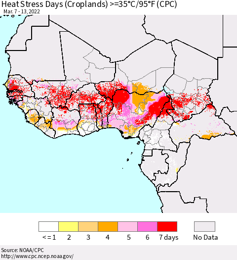 Western Africa Heat Stress Days (Croplands) >=35°C/95°F (CPC) Thematic Map For 3/7/2022 - 3/13/2022