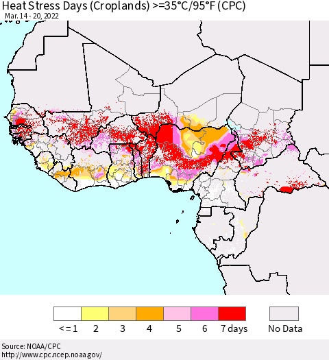 Western Africa Heat Stress Days (Croplands) >=35°C/95°F (CPC) Thematic Map For 3/14/2022 - 3/20/2022