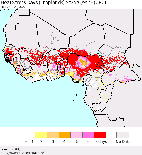 Western Africa Heat Stress Days (Croplands) >=35°C/95°F (CPC) Thematic Map For 3/21/2022 - 3/27/2022