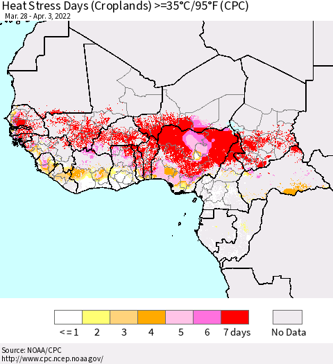 Western Africa Heat Stress Days (Croplands) >=35°C/95°F (CPC) Thematic Map For 3/28/2022 - 4/3/2022