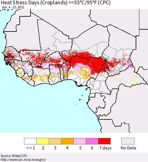 Western Africa Heat Stress Days (Croplands) >=35°C/95°F (CPC) Thematic Map For 4/4/2022 - 4/10/2022